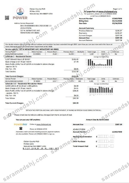 USA Washington Chelan County PUD utility bill template in Word and PDF format
